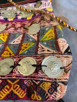 N/L, Multi-color, Cotton, Metallic/Metal, Geometric, Middle Eastern, Colorful Textured Fabric, Silver Metal Coins Attached, Zip Closure **Torn a Bit