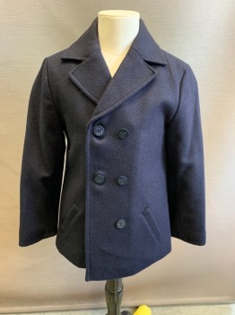 BROOKS BROTHERS, Navy Blue, Wool, Rayon, Car Coat, Notched Lapel, Double Breasted, Button Front
