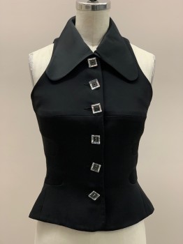 ANNIE REVA, Black, Acetate, Viscose, Solid, Vest Top, Sleeveless, Collar Attached, Button Front,