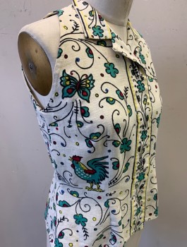 N/L, Cream, Kelly Green, Red, Black, Yellow, Cotton, Novelty Pattern, Top:  Barkcloth, Illustrated Roosters, Butterflies and Swirled Flowers Pattern, Camp Collar, Sleeveless with Slanted Shoulder Line, Button Front Under Hidden Placket