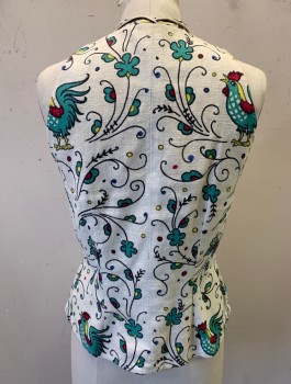 N/L, Cream, Kelly Green, Red, Black, Yellow, Cotton, Novelty Pattern, Top:  Barkcloth, Illustrated Roosters, Butterflies and Swirled Flowers Pattern, Camp Collar, Sleeveless with Slanted Shoulder Line, Button Front Under Hidden Placket