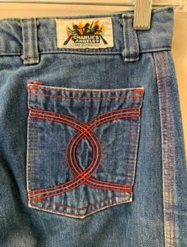 CHARLIE'S ANGELS, Indigo Blue, Red, Orange, Cotton, Solid, Button Front, Zip Fly, Medium Wash Straight Leg Flair, Charlie's Angels Logo  Embroidered Patch on Top Back Rt. Waist Band. Small Waist Pocket Top Right Front.