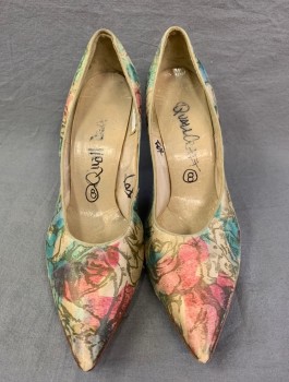 QUALICRAFT, Champagne, Pink, Blue, Silk, Leather, Floral, Abstract , Heels, Watercolor Flowers Pattern, Silk Covered Stilettos, Pointed Toe, Fair Condition, Slight Wear on Fabric in Spots