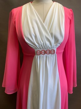 NO LABEL, Bubble Gum Pink, White, Polyester, Color Blocking, Sheer Sleeves, V Neck, Crossover, Pink Metal Broach, Back Zipper,