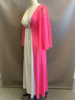 NO LABEL, Bubble Gum Pink, White, Polyester, Color Blocking, Sheer Sleeves, V Neck, Crossover, Pink Metal Broach, Back Zipper,