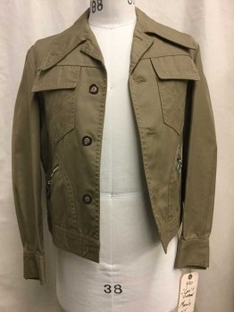 Merns, Taupe, Cotton, Solid, Button Front, Collar Attached, 2 Flap Pockets & 2 Zip Pockets with Round Metal Pull *Barcode Inside Left Side Placket Interfacing*