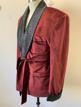 N/L, Red Burgundy, Black, Polyester, Solid, Velvet, with Contrasting Black Quilted Satin Shawl Lapel and Cuffs, 2 Pockets, Belt Loops, **With Matching Velvet Sash BELT