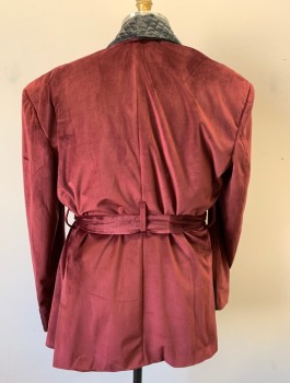 N/L, Red Burgundy, Black, Polyester, Solid, Velvet, with Contrasting Black Quilted Satin Shawl Lapel and Cuffs, 2 Pockets, Belt Loops, **With Matching Velvet Sash BELT