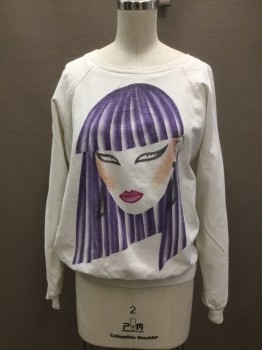 N/L, White, Purple, Black, Cotton, Human Figure, 1980's Graphic Of A Girls Face with Purple Hair, Raglan L/S, Ribbed Knit Crew Neck/Cuff/Waistband