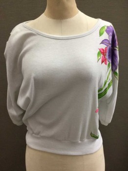 G. PELLINI, White, Lavender Purple, Pink, Green, Polyester, Cotton, Floral, Solid, Jersey, 3/4 Dolman Sleeve, Round Neck,  Floral/Leaf Print On One Side,