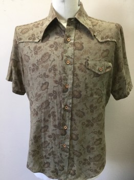 HANS OFF, Lt Olive Grn, Dk Brown, Lt Brown, Polyester, Cotton, Floral & Onion Print, Large Collar Attached, Yoke, 1 Pocket with Flap, Short Sleeves, Button Front,