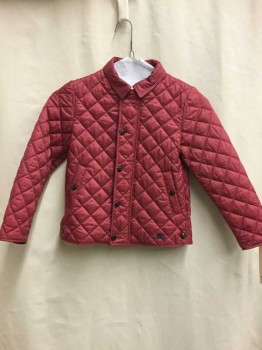 BURBERRY, Raspberry Pink, Polyester, Cotton, Diamonds, Raspberry Diamond Quilted Button Front, Collar Attached, Snap and Zip Front, Heather Gray Lining 2 Pockets,
