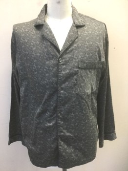 STAFFORD, Gray, Black, Cotton, Polyester, Paisley/Swirls, Gray with Black Paisley Pattern, Long Sleeve Button Front, Rounded Notched Lapel, Black Piping Trim, 1 Patch Pocket