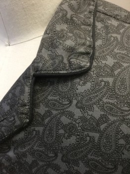 STAFFORD, Gray, Black, Cotton, Polyester, Paisley/Swirls, Gray with Black Paisley Pattern, Long Sleeve Button Front, Rounded Notched Lapel, Black Piping Trim, 1 Patch Pocket