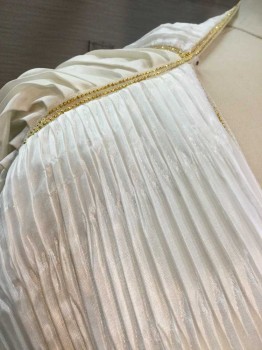 Cream, Gold, Polyester, Solid, Finely Pleated Throughout, Poly Satin, with 2 Tiny Gold Metallic Beaded Stripe Edges, Kaftan with 2 Large Armholes, Open At Center Front, No Lining