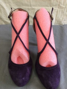 LENORA, Purple, Suede, Solid, Barcode in Left Shoe, 4" High Heel Pump, Open Vamp, Criss Cross Strap