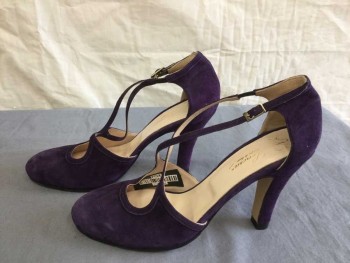 LENORA, Purple, Suede, Solid, Barcode in Left Shoe, 4" High Heel Pump, Open Vamp, Criss Cross Strap