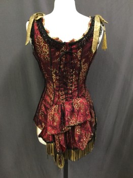 FRONTLINE, Red, Black, Gold, Silk, Beaded, Floral, Scoop Neck, Scoop Back, Side Zip, Lacing/Ties Center Back, Piped, No Boning, Asymmetrical Bow Back, Fringed,