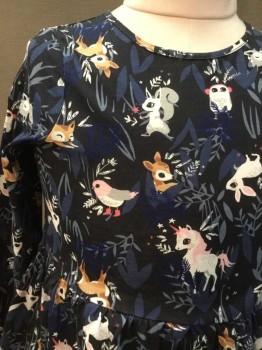H&M, Black, Midnight Blue, White, Tan Brown, Brown, Cotton, Polyester, Novelty Pattern, Animal Print, Long Sleeves, Round Neck,  Magical Woodland Creatures, Unicorns, Dear, Owls, Squirrel, Bunny, Fox