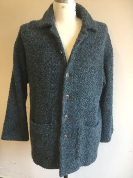 N/L, Slate Blue, Charcoal Gray, Wool, Speckled, Dusty Blue with Charcoal Specked Weave Textured Scratchy Wool, Single Breasted, 6 Embossed Silver Buttons, "Rolled Collar" Style Notch Lapel, 2 Large Patch Pockets, Slate Blue and Gray Striped Lining, Made To Order