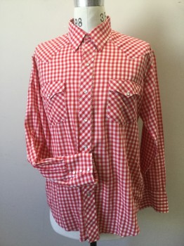 HIGH PLAINS, Red, White, Poly/Cotton, Gingham, Long Sleeves, Collar Attached, Snap Front Closure