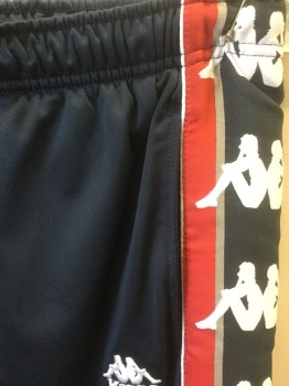 KAPPA, Navy Blue, Red, White, Nylon, Solid, Novelty Pattern, Pant. 2 Pockets, Draw String, Beige Silhouettes at Sides.