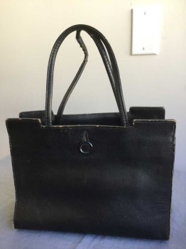 N/L, Black, Leather, Solid, Boxy Open Top Bag with 2 Short Handles