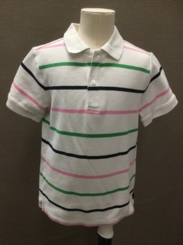 JANIE & JACK, White, Navy Blue, Green, Pink, Cotton, Stripes, Pique Knit, Short Sleeves, Solid White Ribbed Knit Collar/cuff, Short Sleeves, 2 Buttons