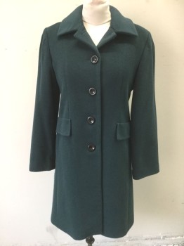 SACHI, Forest Green, Wool, Solid, Single Breasted, 5 Black Buttons, Collar Attached, 2 Flap Pockets, Padded Shoulders, Self Belt Detail Attached at Center Back Waist (Not Visible in Front), Forest Green Satin Lining,
