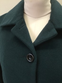 SACHI, Forest Green, Wool, Solid, Single Breasted, 5 Black Buttons, Collar Attached, 2 Flap Pockets, Padded Shoulders, Self Belt Detail Attached at Center Back Waist (Not Visible in Front), Forest Green Satin Lining,