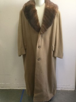 N/L , Camel Brown, Brown, Wool, Solid, Faux Fox Fur Shawl Collar, Single Breasted, 3 Button Front, 2 Pockets, Lining is Gold Ornate Patterned Brocade, Made To Order