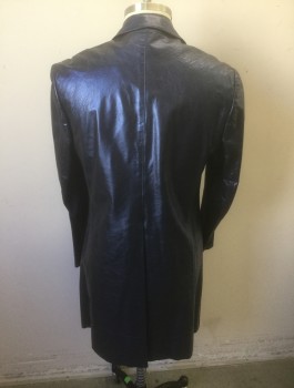 LORDS, Midnight Blue, Metallic, Leather, Solid, Single Breasted, Wide Notched Lapel, 1 Button, 3 Pockets, Green Brocade Lining, Above Knee Length