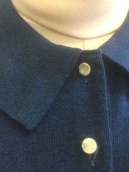 N/L, Navy Blue, Wool, Solid, Knit, Cardigan, Long Sleeves, Rounded Collar Attached, White Sea Shell Shaped Buttons at Center Front