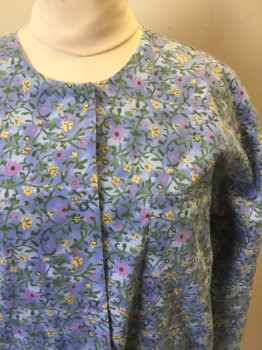 BARCO, Lt Blue, Lavender Purple, Green, Yellow, Poly/Cotton, Floral, Floral Pattern Over Light Blue/Purple Sponge Print, Snap Front, Long Sleeves, Elastic Smocked Cuff, 3 Pockets