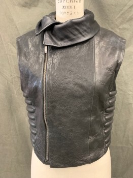 MTO, Black, Leather, Solid, Off Center Zip Front, Oversized Collar with Snap Closure, Padded Horizontal Ribbing Back and Side Panels