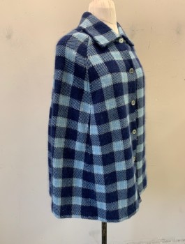 N/L, Navy Blue, Lt Blue, Off White, Wool, Polyester, Check , 5 Button Front, Collar Attached, Raglan Seams, Armholes at Sides, Waist Length, No Lining,