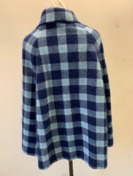 N/L, Navy Blue, Lt Blue, Off White, Wool, Polyester, Check , 5 Button Front, Collar Attached, Raglan Seams, Armholes at Sides, Waist Length, No Lining,
