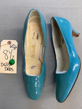 DELISO DEBS, Teal Blue, Patent Leather, Solid, PUMPS, Rounded Square Toe