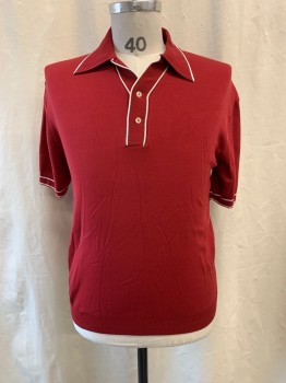 KINGS ROAD, Red Burgundy, Nylon, Collar Attached, 1/4 Button Front, Short Sleeves, White Trim
