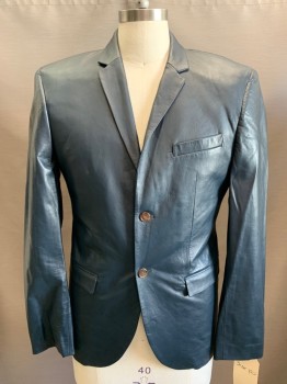 N/L, Navy Blue, Leather, Solid, Single Breasted, 2 Buttons,  Notched Lapel, 3 Pockets,