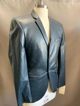 N/L, Navy Blue, Leather, Solid, Single Breasted, 2 Buttons,  Notched Lapel, 3 Pockets,