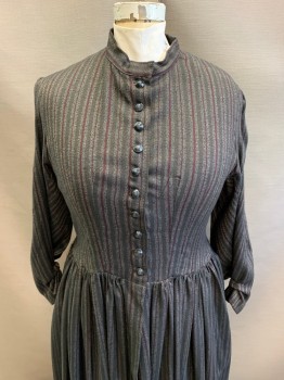 NL, Black, White, Red Burgundy, Cotton, Stripes - Vertical , Collar Band, 1/2 Button Front, L/S, Gathered at Waist, Floor Length