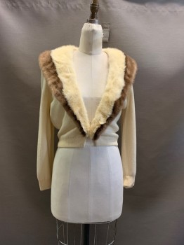 B. ALTMAN, Cream, Brown, Cashmere, Fur, Solid, CARDIGAN, Brown and Cream Fur Shawl Collar, Hook & Eye Closure, Sheer and Lace Lining, *Small Stain All Around*