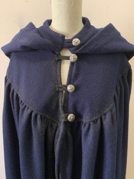 N/L, Navy Blue, Wool, Solid, 3 Silver Buttons, Hood, Yoke, Textured Weave, Little Aged Around Buttons