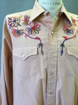CHAMPION WESTERN, Peach Orange, Multi-color, Polyester, Cotton, Solid, Floral, Snap Front, 2 Pockets, Sparkly Rainbow Yarn Floral Applique At Yoke