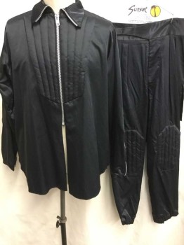 N/L, Black, Silver, Polyester, Rayon, Solid, Satin, Long Sleeves, Chunky Metal Zipper At Front, Collar Attached, Quilted Panel with Vertical Seams At Center Front Chest & Padding At Elbows, Made To Order