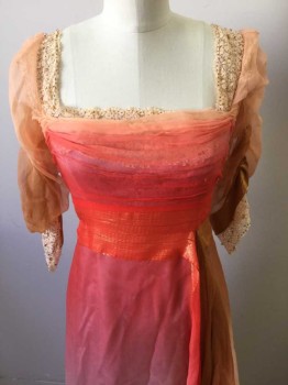 MTO, Hot Pink, Blush Pink, Gold, Mustard Yellow, Lavender Purple, Silk, Cotton, Ombre, Floral, Crinkle Chiffon Ombre Dyed with Gold Thread, Ivory Cotton Lace at Neckline and Bodice, Short Sleeves with Seed Beads on the Lace, Pick Up in the Skirt on the Left Side, Train Hem, Condition Excellent,