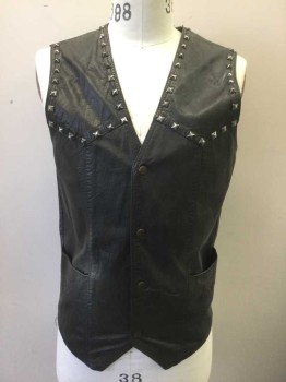 LUCKY LEATHER, Black, Silver, Leather, Metallic/Metal, Solid, Silver Pyramid Studs at Shoulders and Western Style Yoke, Snap Front, V-neck, 2 Pockets, Black Lining