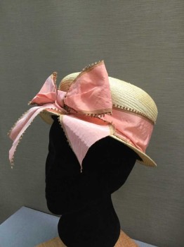 BARBARA FEINMAN, Tan Brown, Pink, Lt Brown, Straw, Silk, Tan Straw Small Hat with Small Brim, Pink Silk Hat Bandwith Light Brown Trim, Bow in Front, White Glue Stuck on Sides, Repro