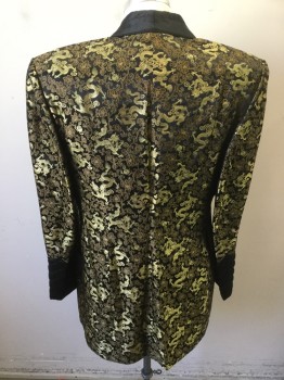 DROP DEAD COLLECTION, Black, Antique Gold Metallic, Bronze Metallic, Silk, Asian Inspired Theme, Solid, Dragon and Floral Motif Brocade,  Quilted Shawl Lapel/Pocket Detail/Cuffs with Cording Trim, Frog Closure
